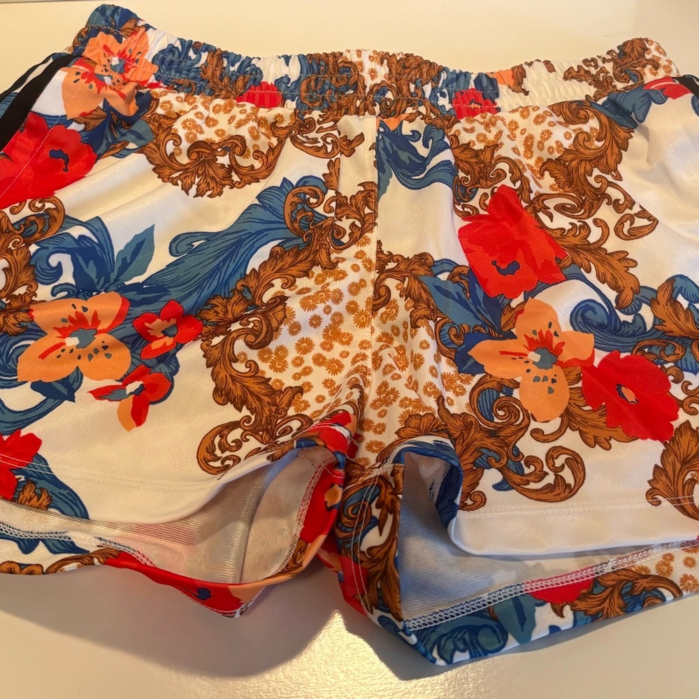 adidas Women's Floral Athletic Shorts - Red, Blue, Orange